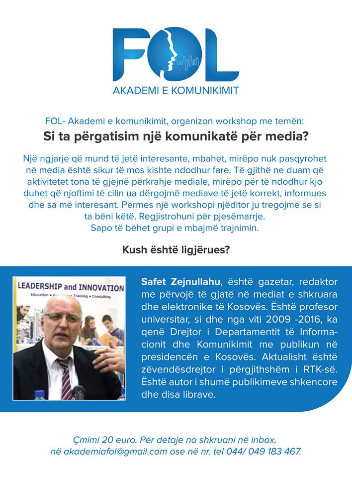 Ftoheni që të merrni pjesë në ligjëratën e Akademisë “FOL”, folës do të jetë gazetari Safet Zejnullahu