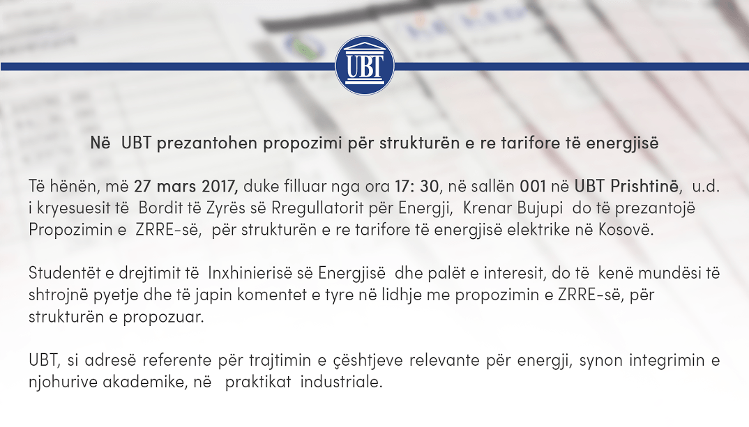 Në  UBT prezantohen propozimi për strukturën e re tarifore të energjisë