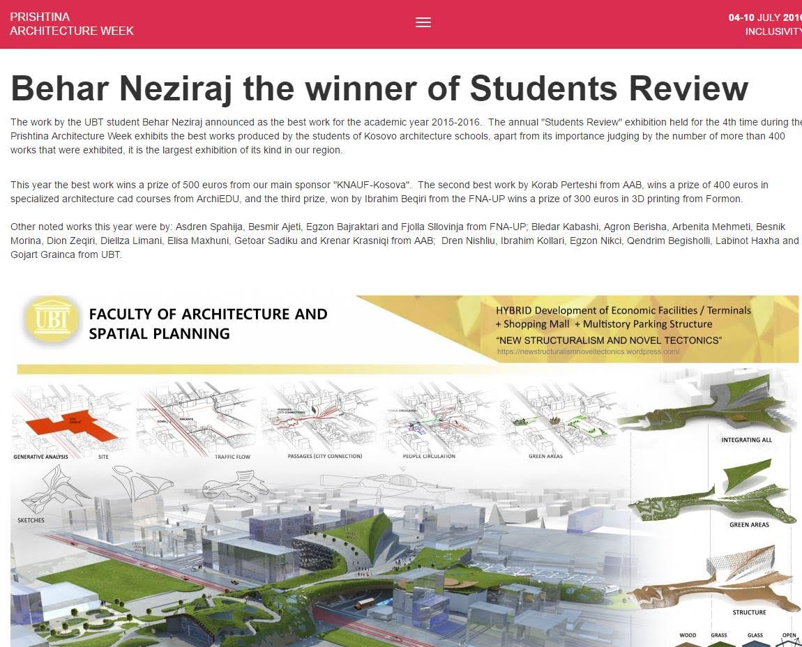 Studenti i UBT-së fiton çmimin për veprën më të mirë të arkitekturës 2015-2016