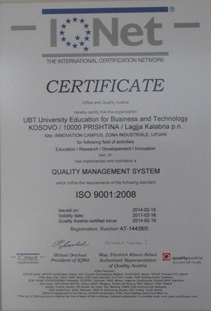 UBT ricertifikohet për cilësi sipas standardit ndërkombëtar ISO 9001: 2008