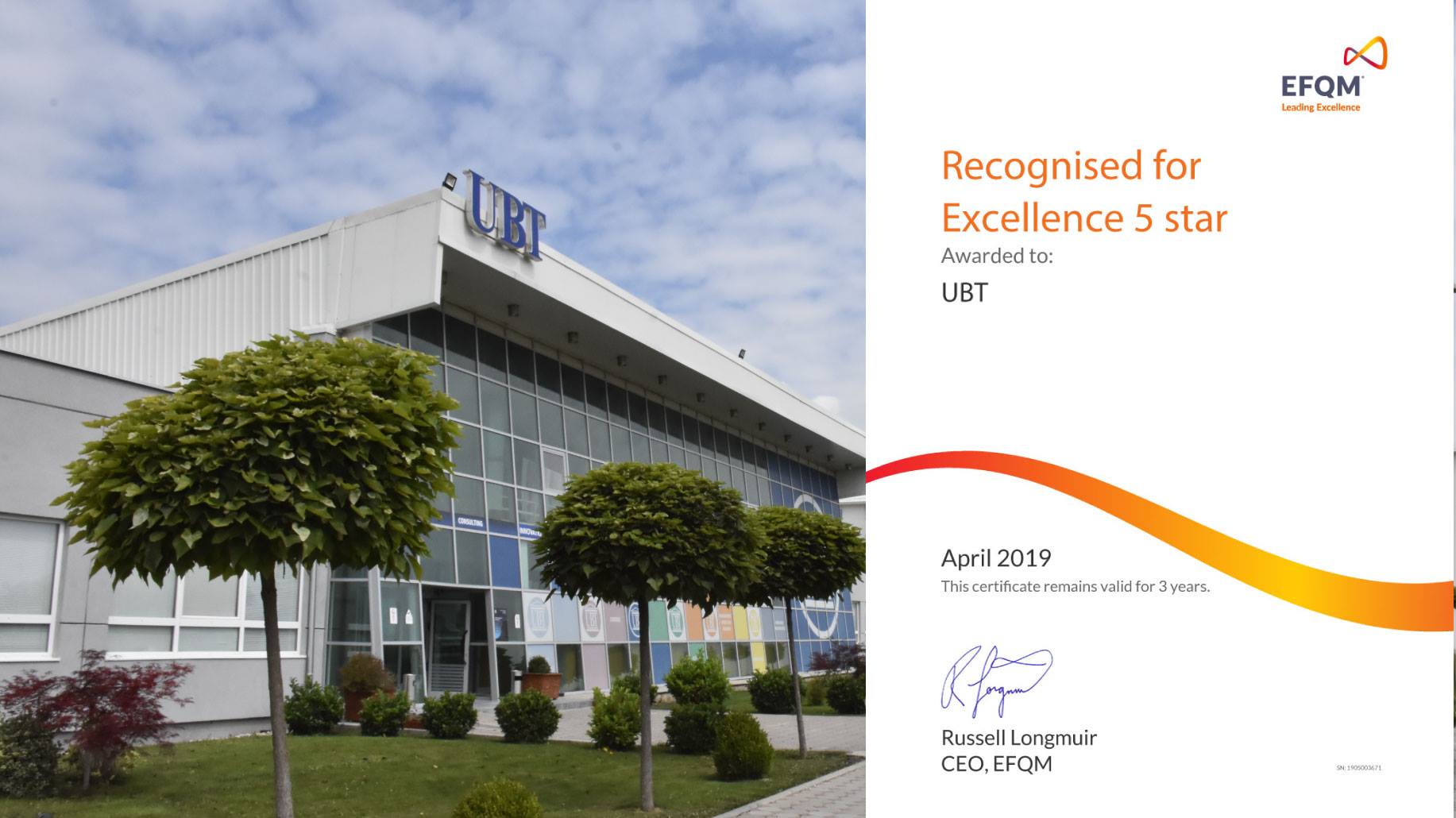 UBT is certified and awarded with the Five Star Excellence Award