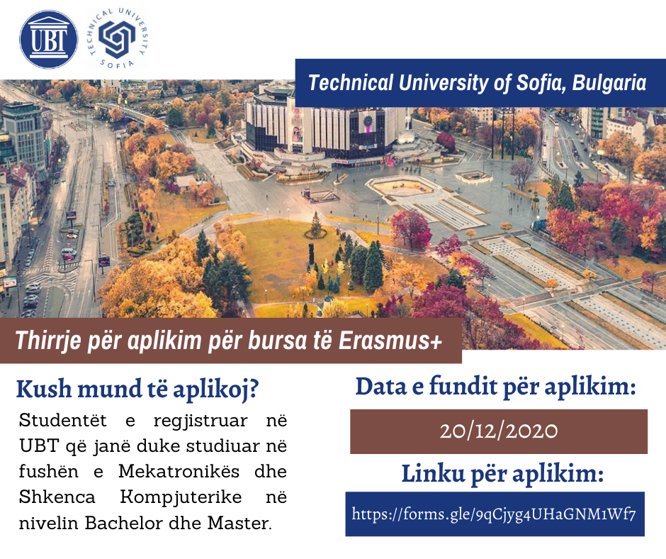 UBT shpall të hapur thirrjen për shkëmbim të studentëve në Technical University of Sofia, Bullgari