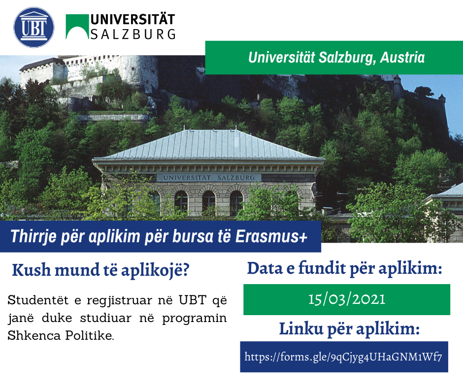 UBT shpall të hapur thirrjen për përfitim të bursave për studime në Universität Salzburg, Austri