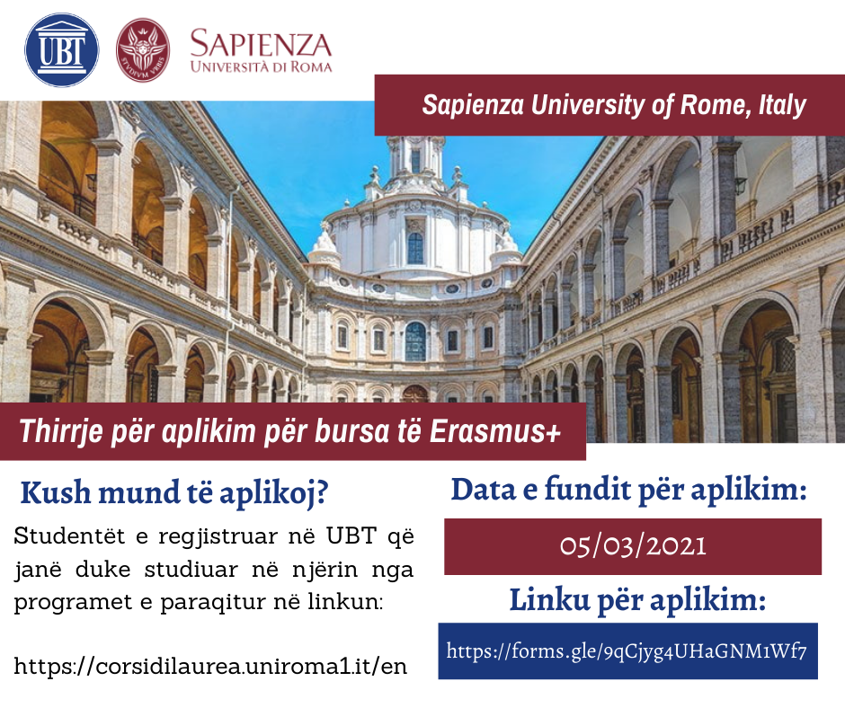 UBT shpall të hapur thirrjen për shkëmbim të studentëve në Sapienza University of Rome, Itali