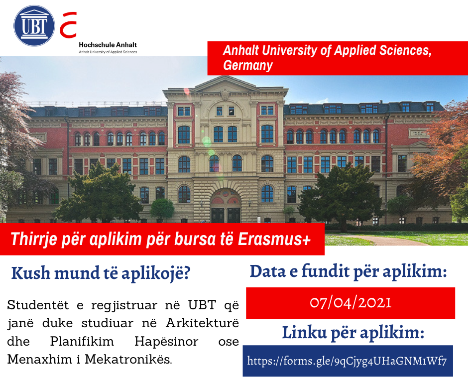 UBT shpall të hapur thirrjen për shkëmbim studentor në kuadër të Erasmus+ në Anhalt University of Applied Sciences, Gjermani