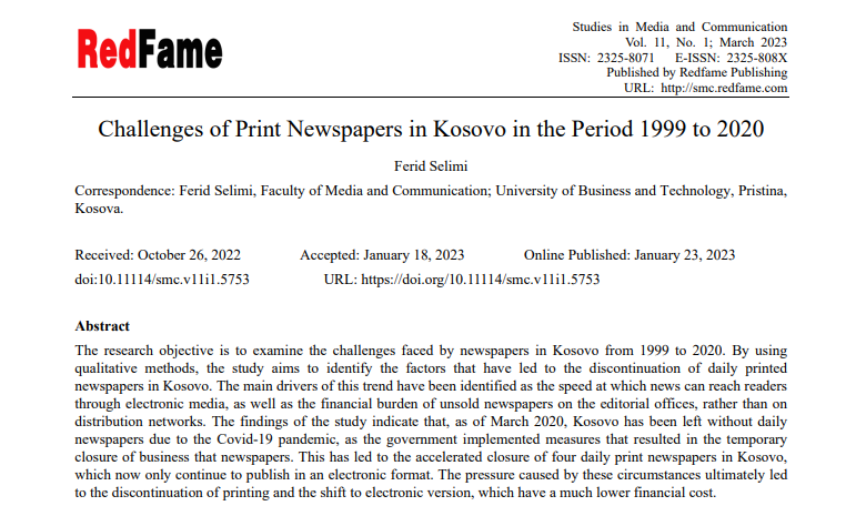 Punimi i profesorit të UBT-së, Ferid Selimi, rreth sfidave të gazetave të shkruara në Kosovë është publikuar në revistën “Studies in Media and Communication”