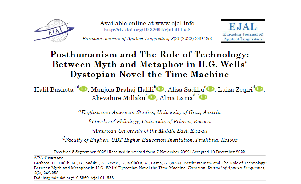 Punimi i profesorëve të UBT-së rreth post-humanizmit dhe rolit të teknologjisë, publikohet në revistën “Euroasian Journal of Applied Linguistics”