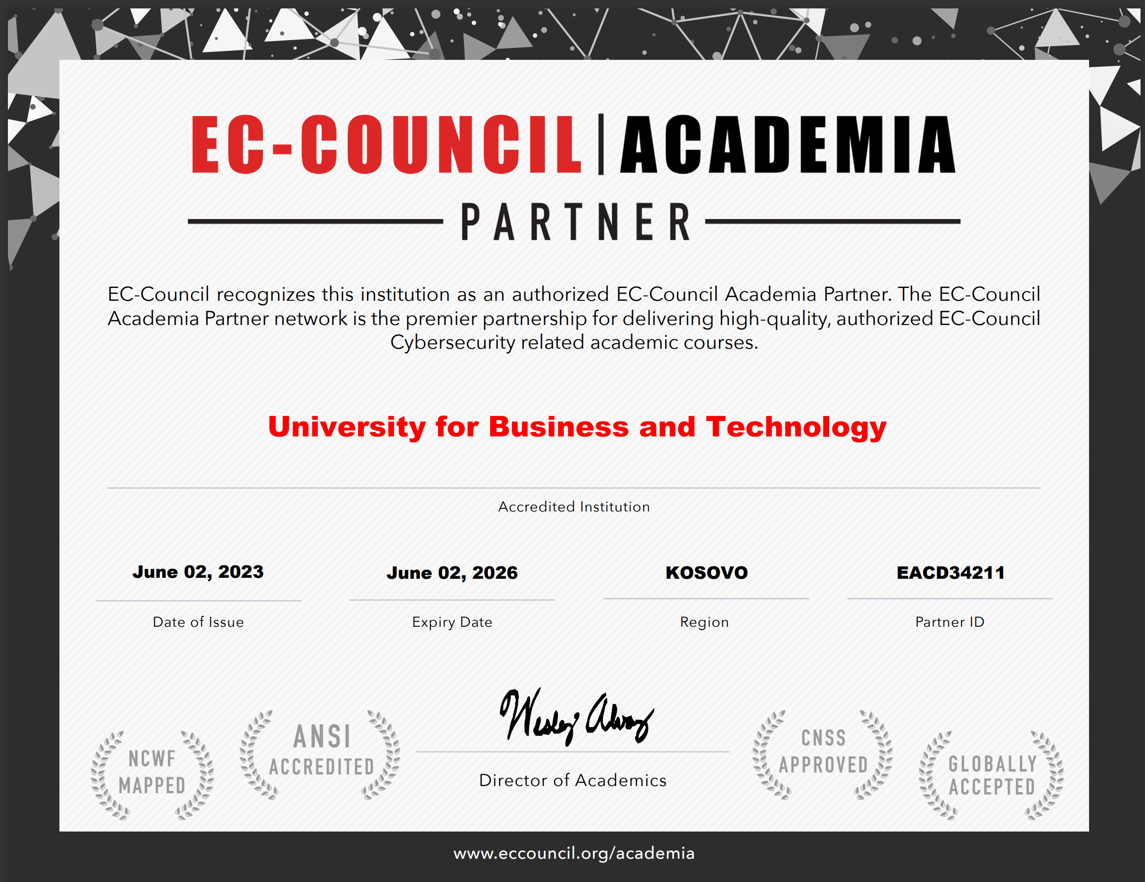UBT takes another step in the field of cybersecurity – accredited by the world’s largest cybersecurity certification body, “EC-Council”