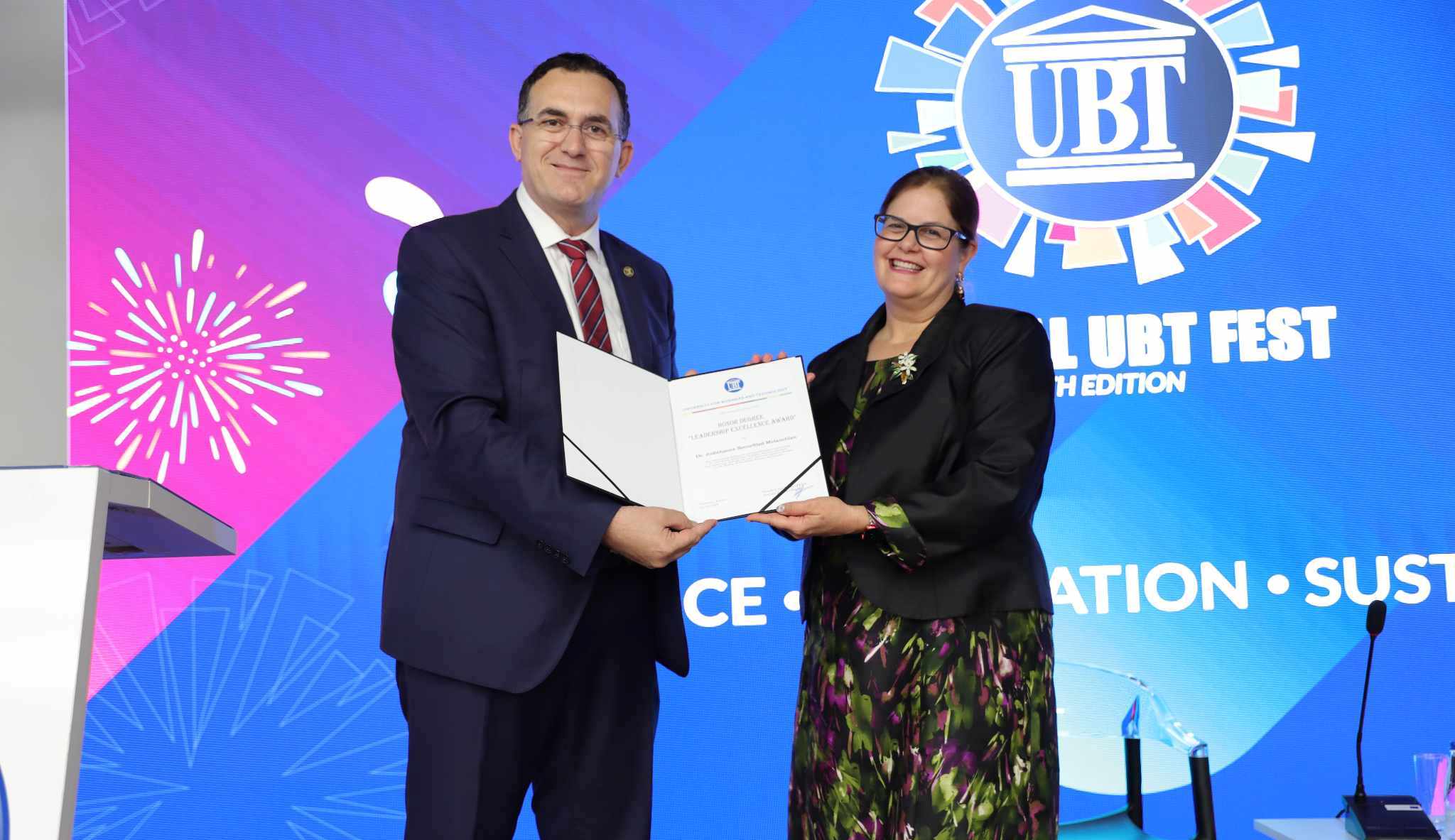 UBT awards the “Leadership Excellence Award” to Dr. Judithanne Scourfield Mclauchlan, in recognition of her dedication to promoting the rule of law and democracy