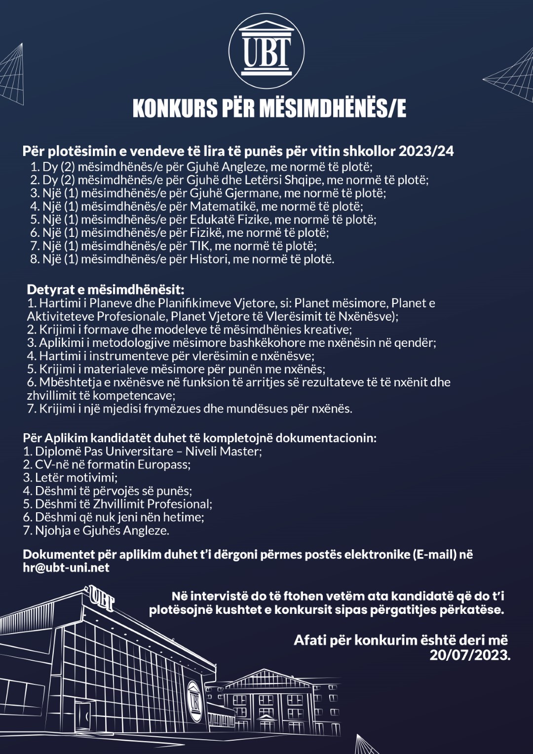 UBT shpall konkurs për mësimdhënës/e