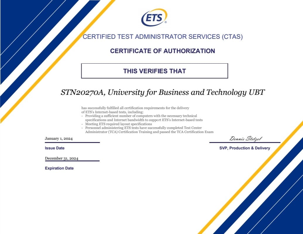 Vazhdon verifikimi i UBT-së për certifikime ndërkombëtare për TOEFL në ETS nga Certified Test Administrator Services (CTAS), për gjuhën angleze