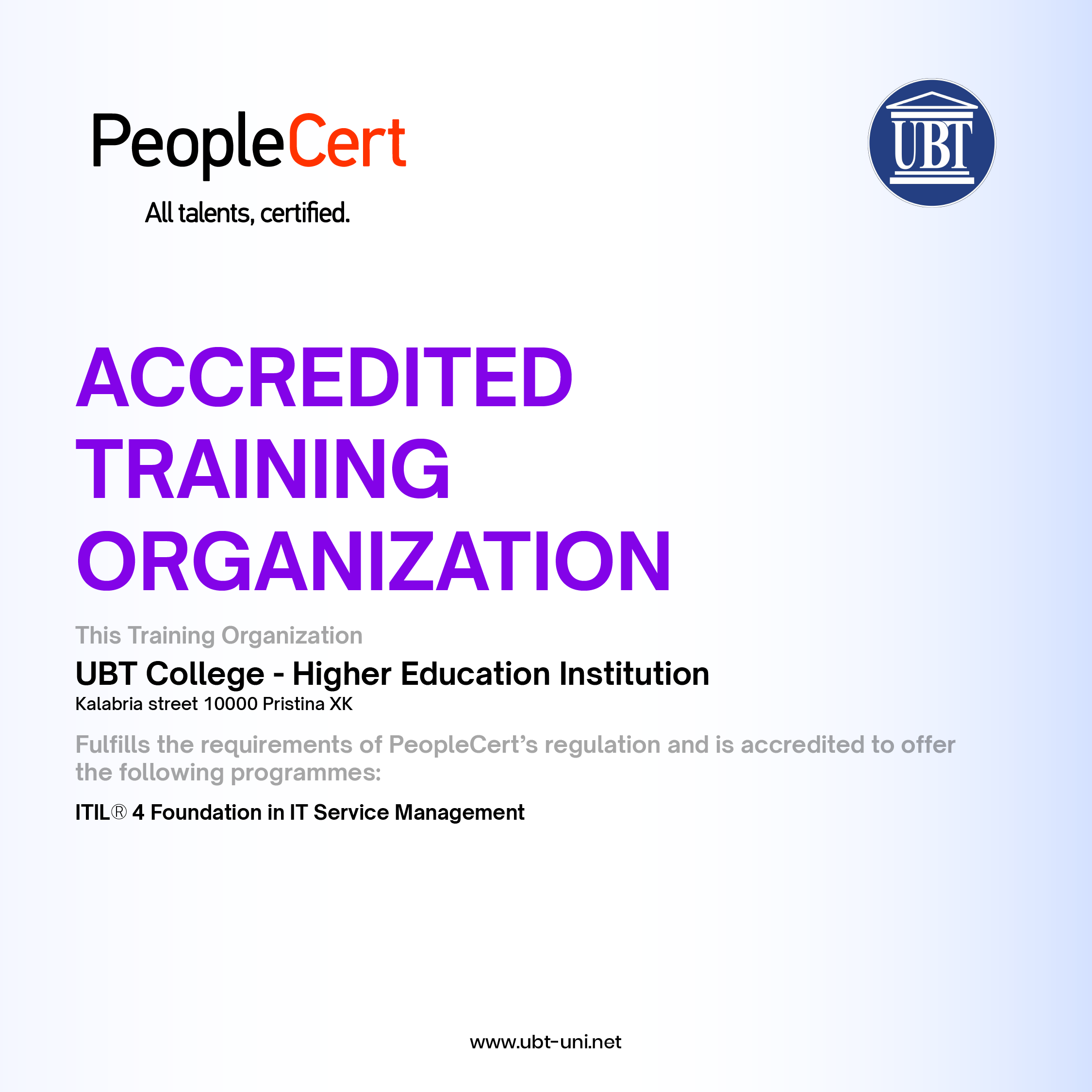 UBT është akreditua si qendër e trajnimit dhe certifikimit për ITIL