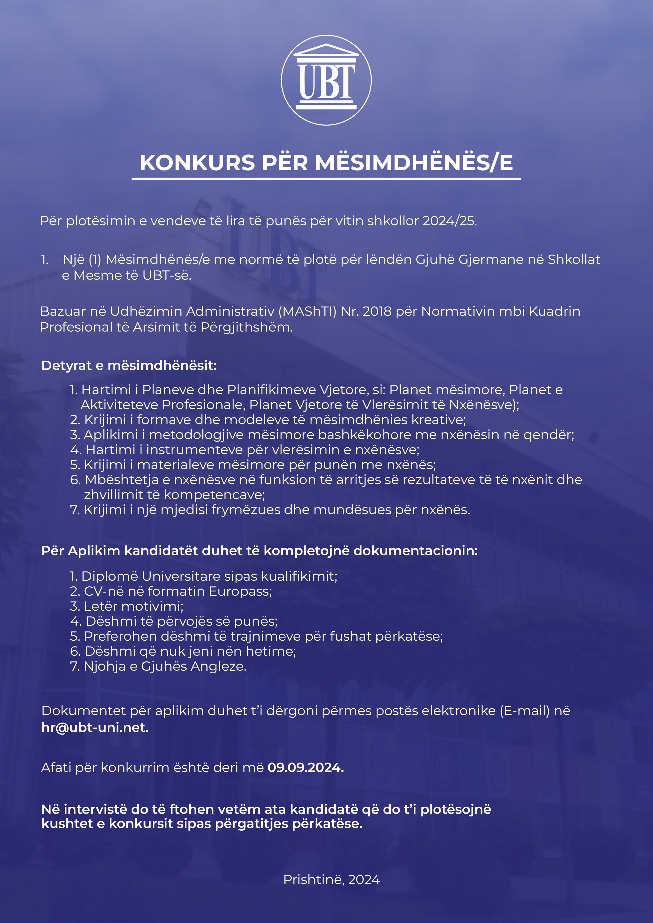 UBT shpall konkurs për mësimdhënës/e