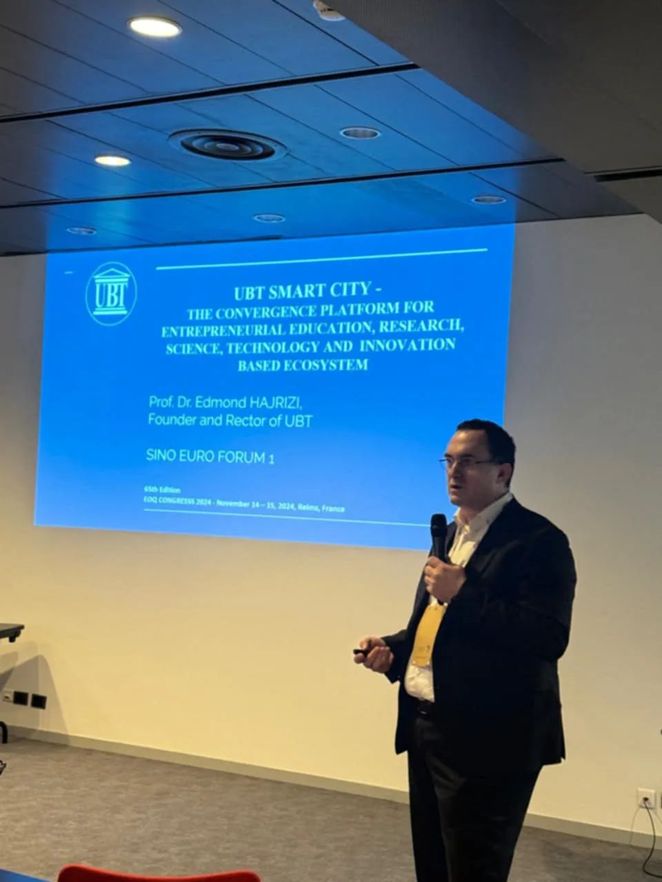 The Rector of UBT, Prof. Dr. Edmond Hajrizi, presents his vision at the European Quality Congress in Reims, France