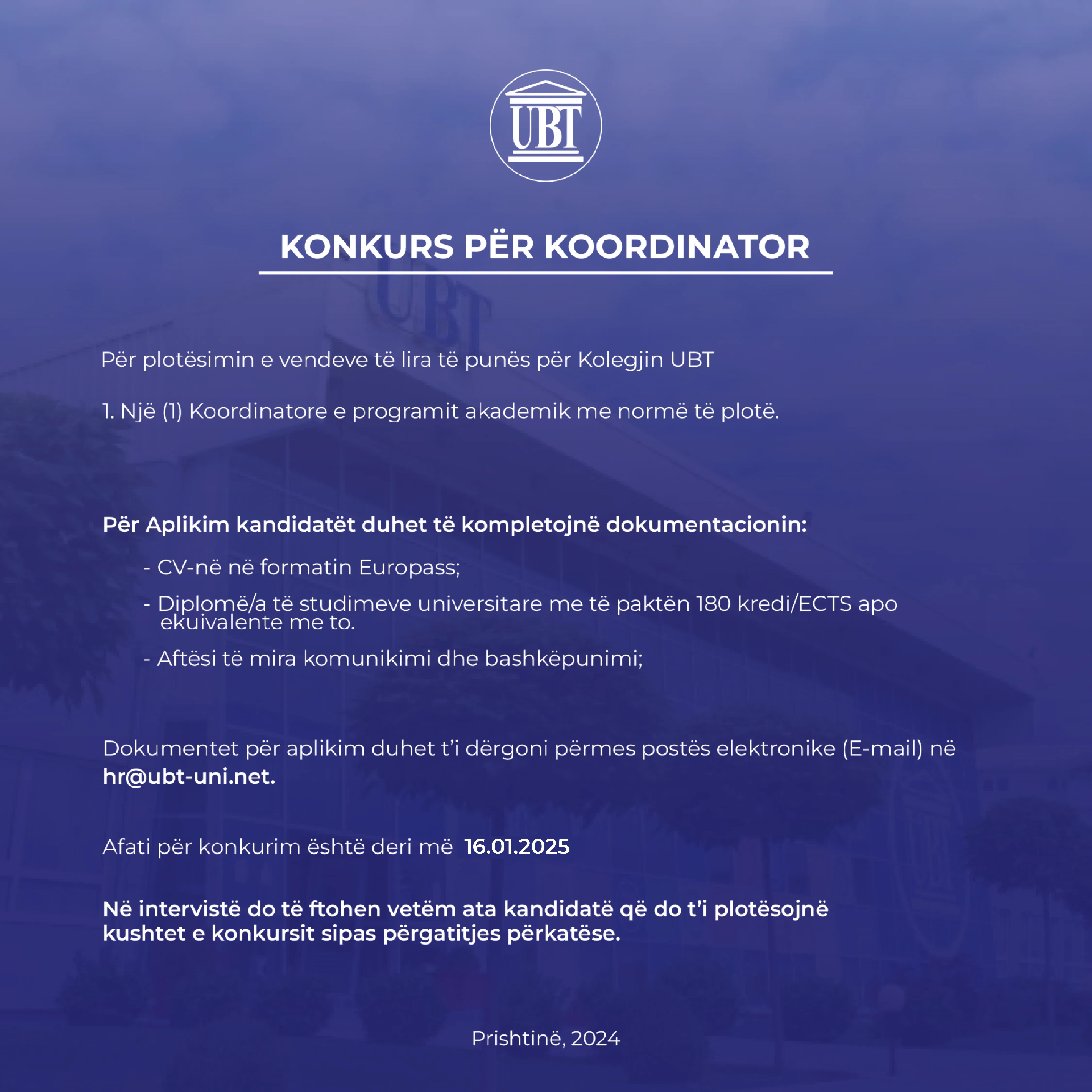 UBT announces the Coordinator Competition