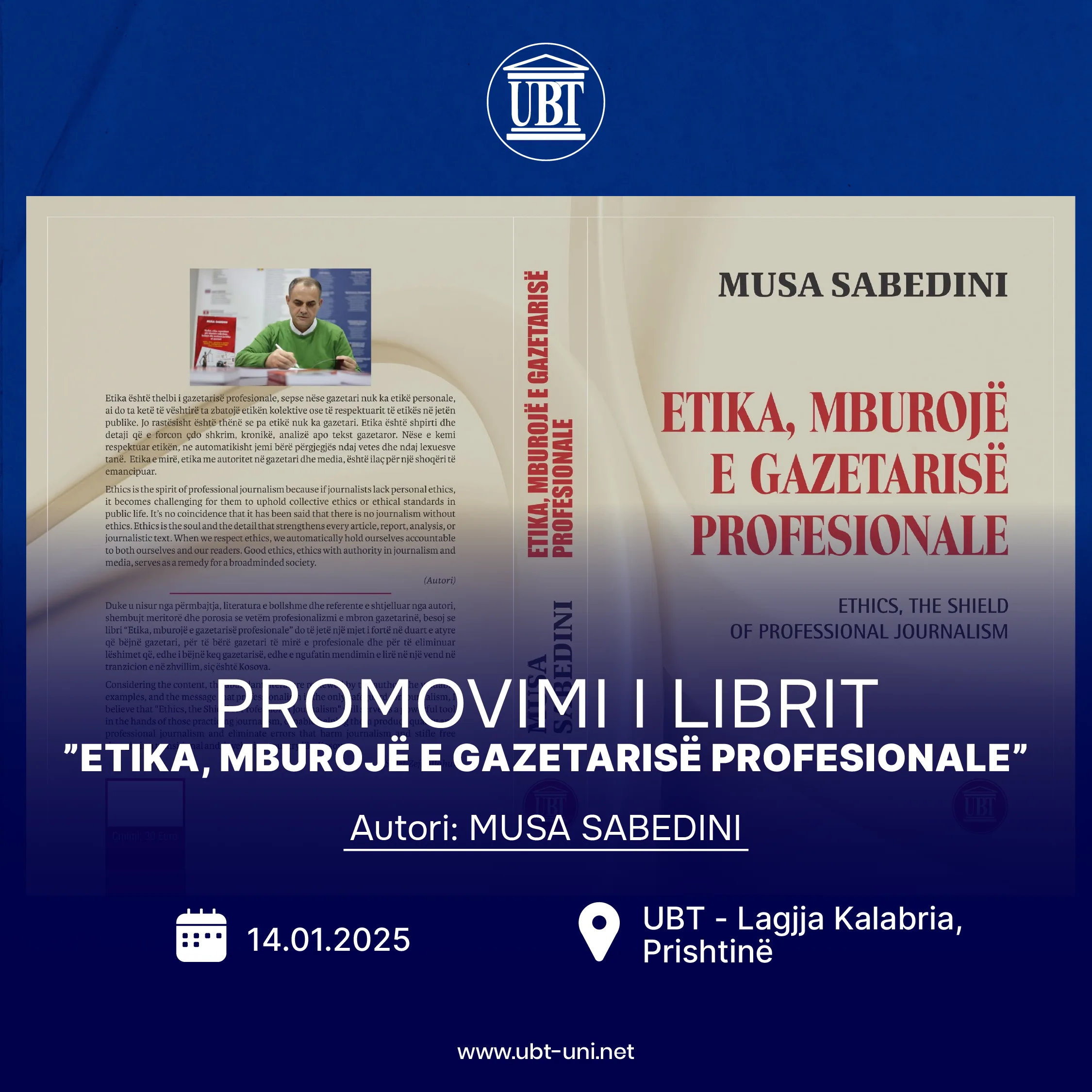 Njoftim për promovimin e librit “Etika, Mburojë e Gazetarisë Profesionale” të Musa Sabedinit