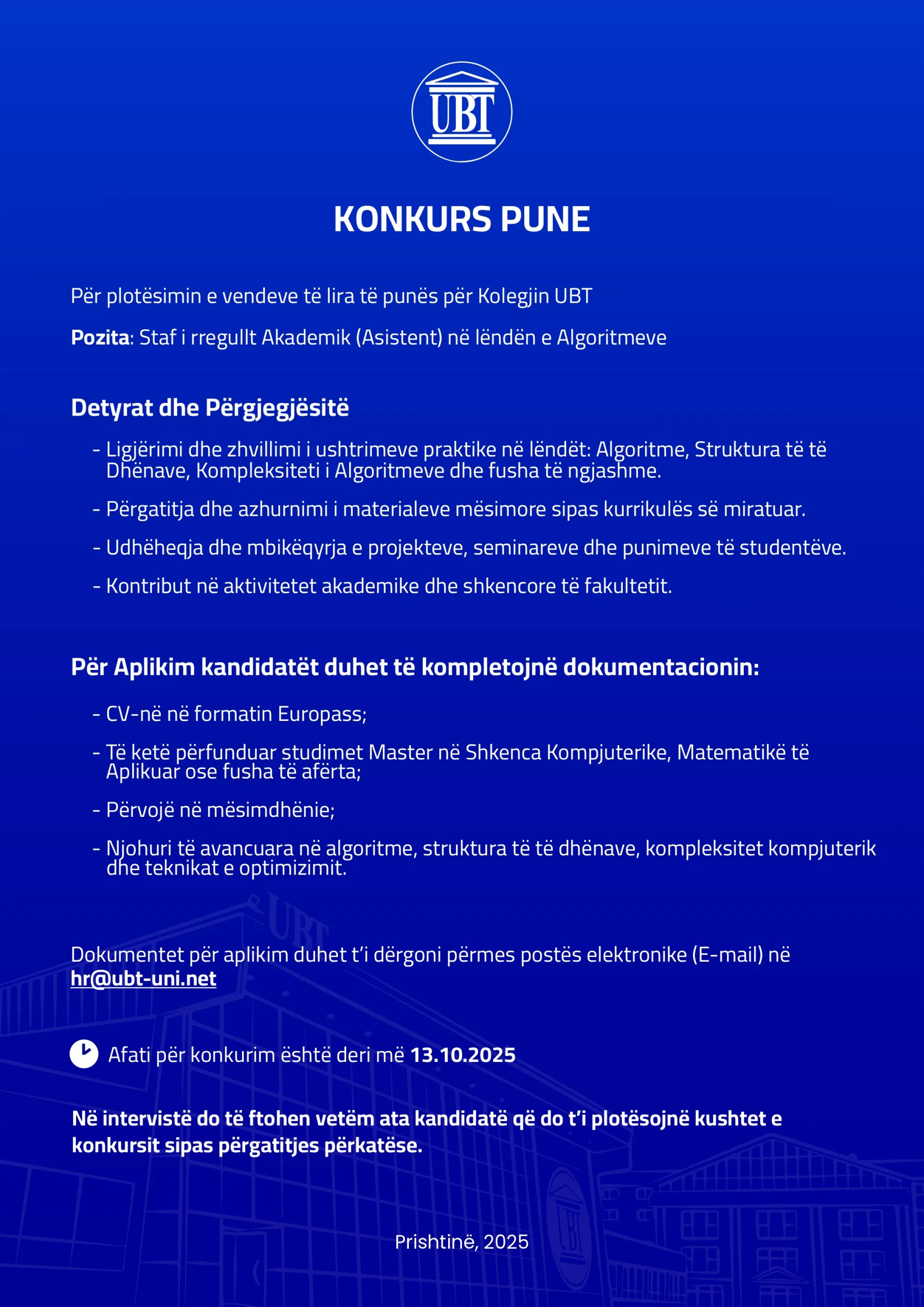 UBT shpall konkurs për pozitën e Asistentit Akademik në lëndën e Algoritmeve