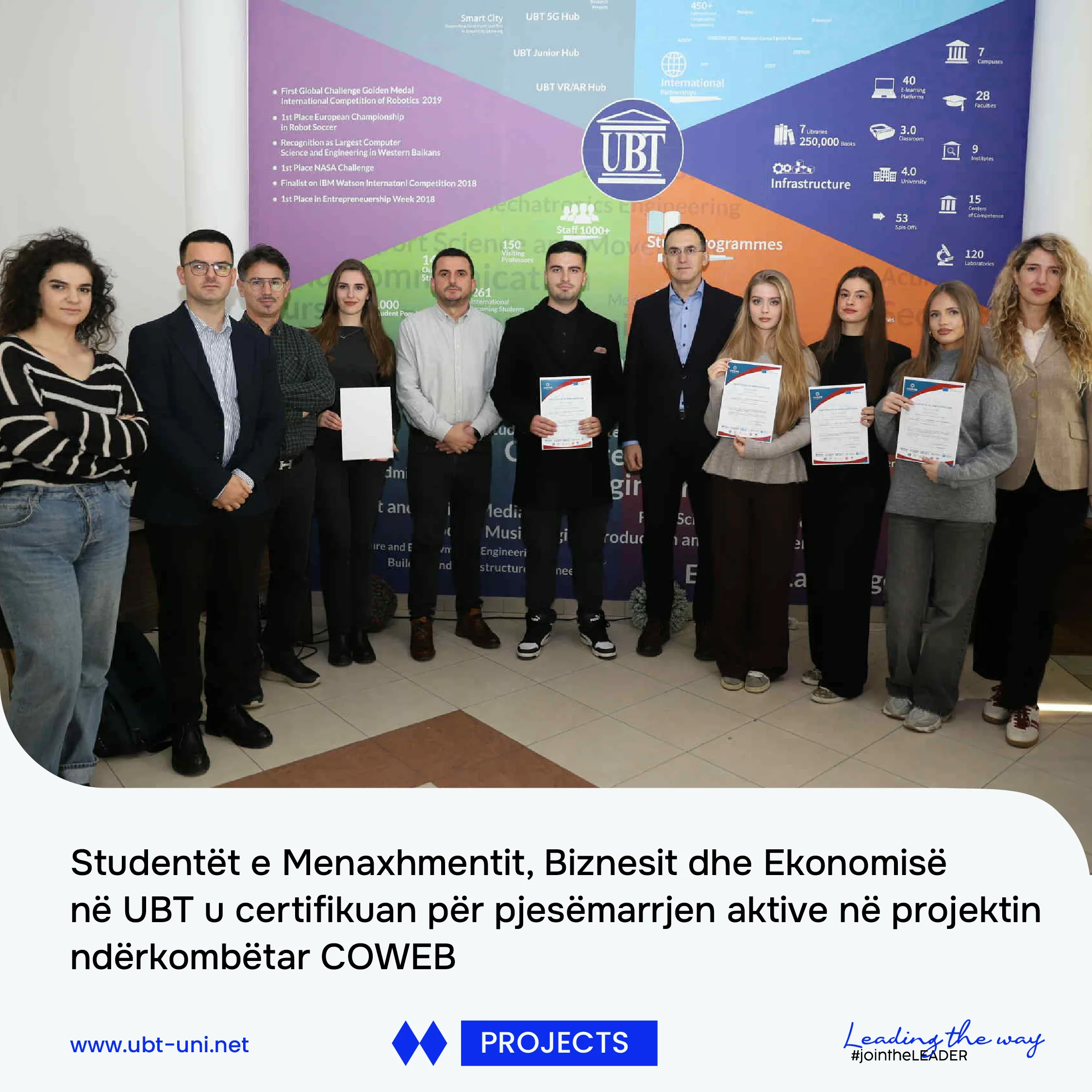 Studentët e Fakultetit Menaxhment, Biznes dhe Ekonomi në UBT u certifikuan për pjesëmarrjen aktive në projektin ndërkombëtar COWEB